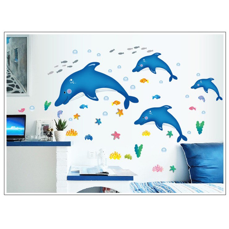 Decal dán tường cho bé [FREESHIP 50K] Đàn cá heo xanh
