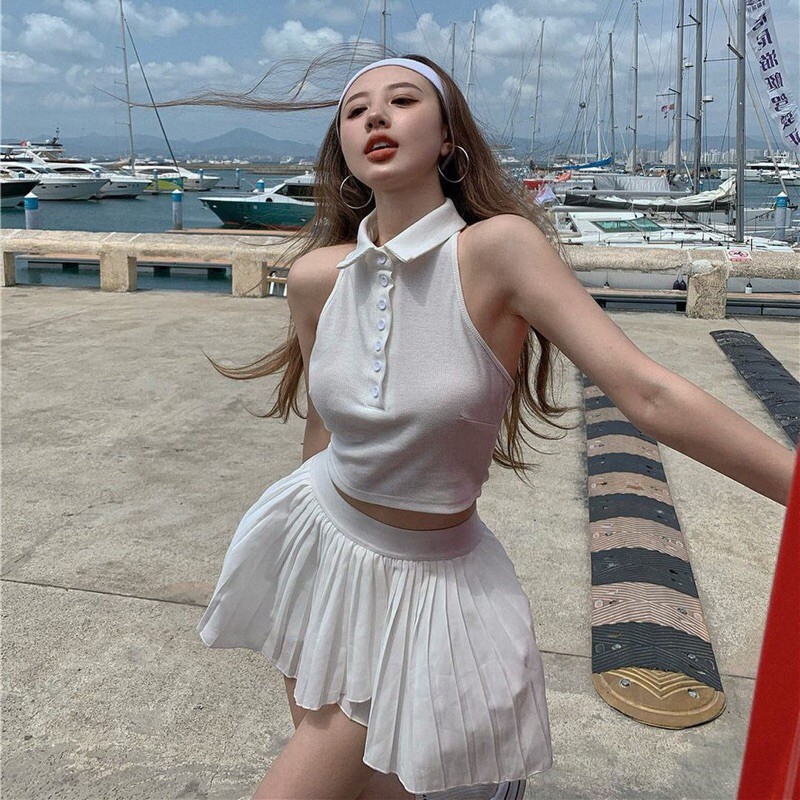 Áo croptop kiểu hở lưng cổ bẻ phối cúc phong cách gợi cảm màu đen trắng | BigBuy360 - bigbuy360.vn