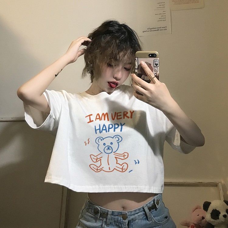 Áo Croptop bigsize kiểu ngắn tay Hàn Quốc in hình gấu Happy Ulzzang C28 - MaoMao