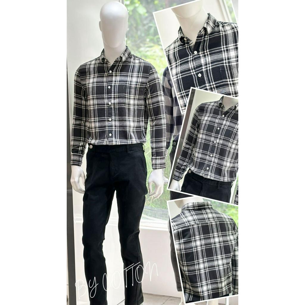 Áo Sơ Mi Nam Dài Tay Phối Sọc BY COTTON Caro Lớn Trắng Đen