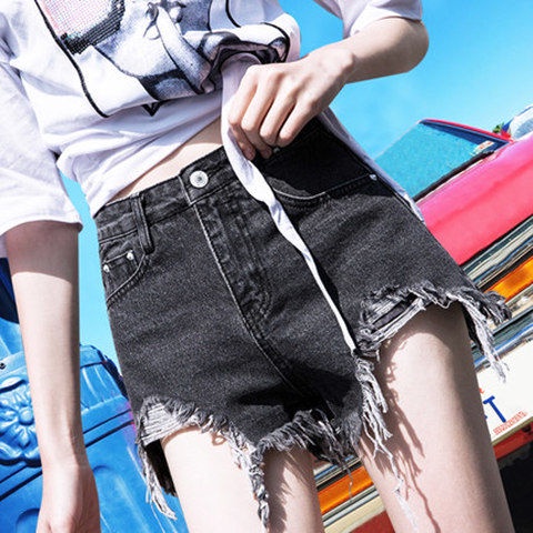 Quần denim ngắn dáng chữ A lưng cao ống rộng thời trang mùa hè 2021 dành cho nữ