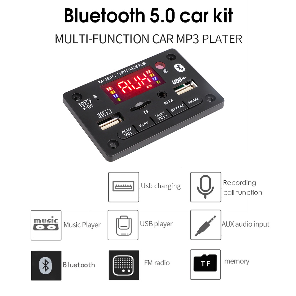 Bảng mạch giải mã khuếch đại âm thanh không dây bluetooth 5.0 MP3 WMA WAV DC 12/ 24V 2*40W dành cho xe hơi
