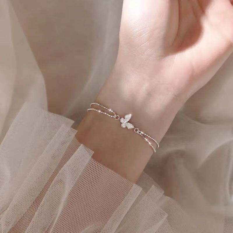 Vòng tay 2 lớp mặt hình bướm đính đá lấp lánh thanh lịch đơn giản có thể điều chỉnh cho nữ