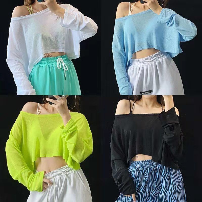 Áo Lưới Tay Dài Dáng Rộng Trễ Vai Màu Sắc Huỳnh Quang Thời Trang Xuân Hè Quyến Rũ Dành Cho Nữ