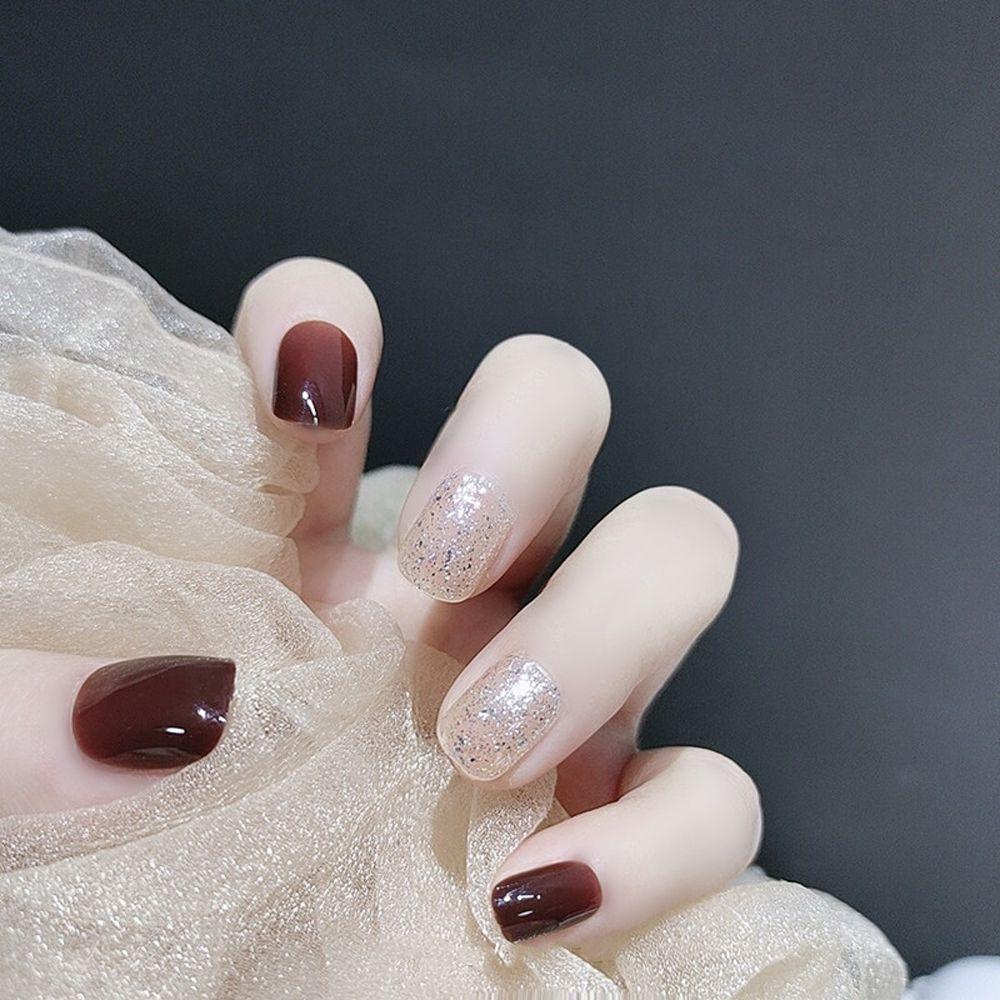 Móng Tay Giả Ngắn Đính Nơ 3D Lấp Lánh Thời Trang Có Thể Tháo Rời