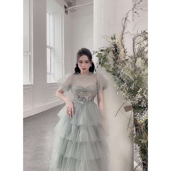 Đầm xoè công chúa tay phồng xếp tầng kết hoa nổi và cườm siêu xinh MYMY04 - size M/L - MS367V