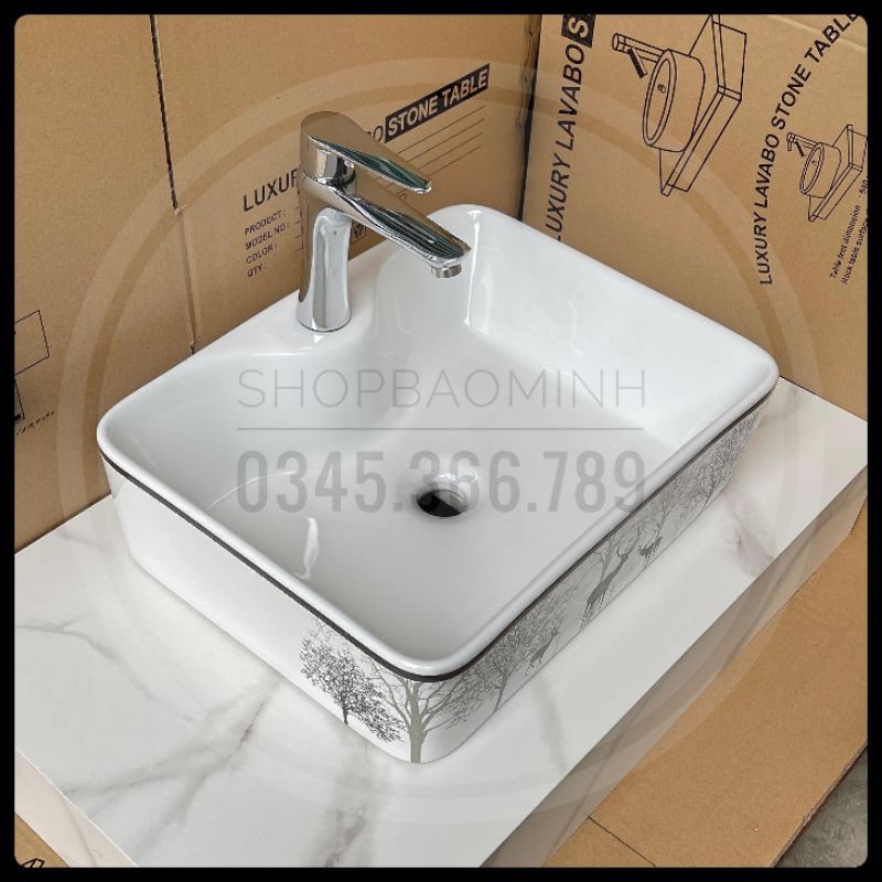 Chậu rửa mặt - Lavabo chữ nhật đặt bàn 609 họa tiết hươu đen cao cấp (KT48x37cm)