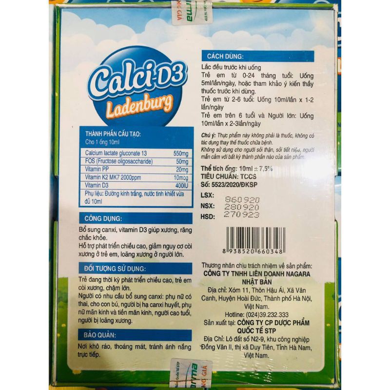 Calci - D3 Ladenburg - Biúp ổ sung Canxi, Vitamin D3 giúp xương răng chắc khoẻ. Hỗ trợ phát triển chiều cao (Hộp 20 ống)