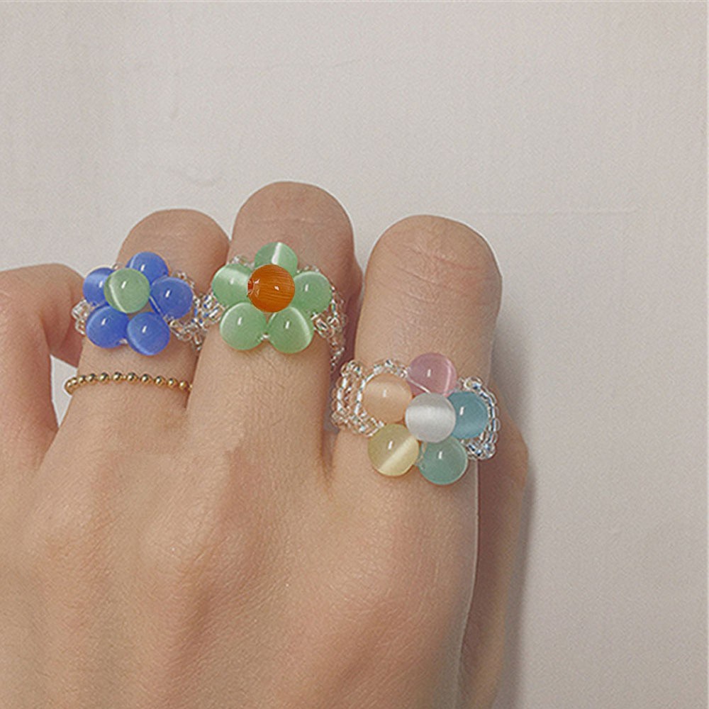 AUBREY Women Girls Finger Ring Retro Flower Plant Bead Rings Trendy Candy Color 2021 New Sweet Summer Geometric Fashion Jewelry/Multicolor