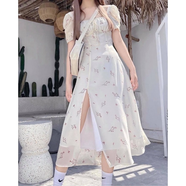 Đầm hoa nhí chun ngực điệu đà Váy hoa vintage dáng dài dự tiệc