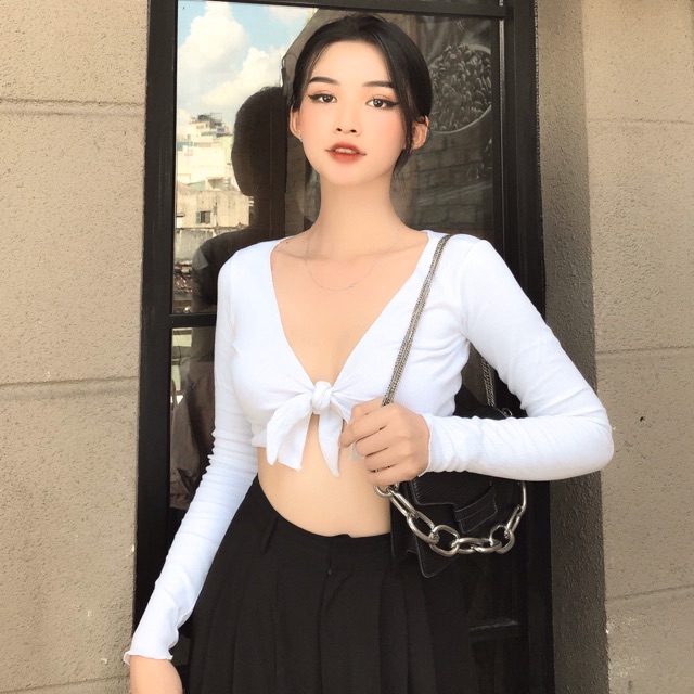 Áo Croptop Ôm Body Tay Dài Sexy Thắt Nơ Ngực Sang Chảnh Đi Chơi, Đi Bar Sang Chảnh -JESSIE TOP