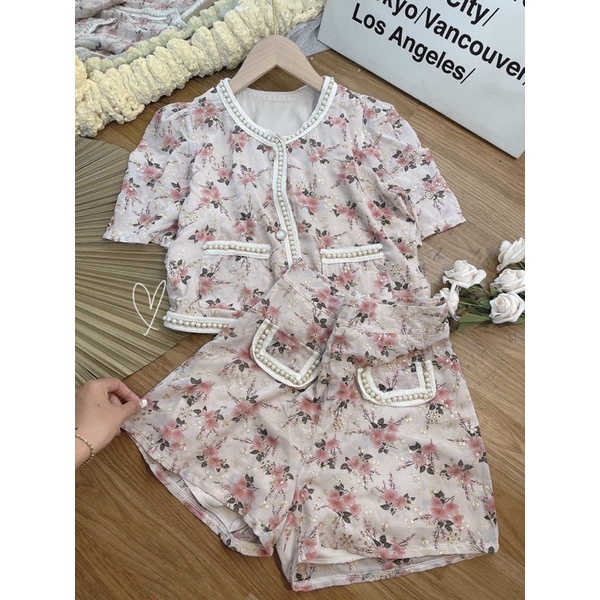 SET ÁO HOA HỒNG VIỀN HẠT + QUẦN SHORT VIỀN