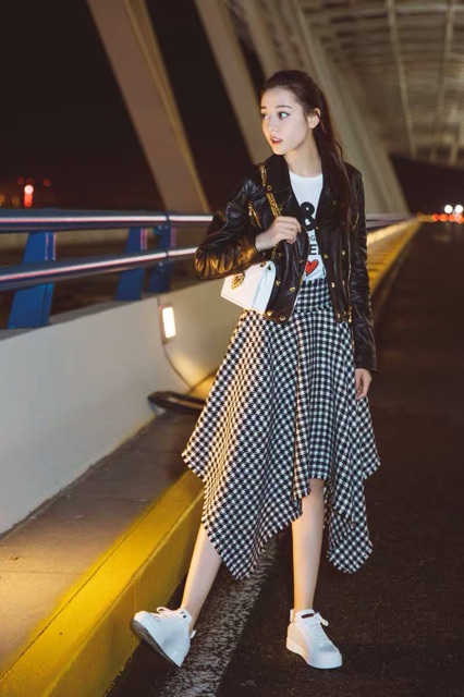 Set áo da chân váy xoè Địch Lệ Nhiệt Ba