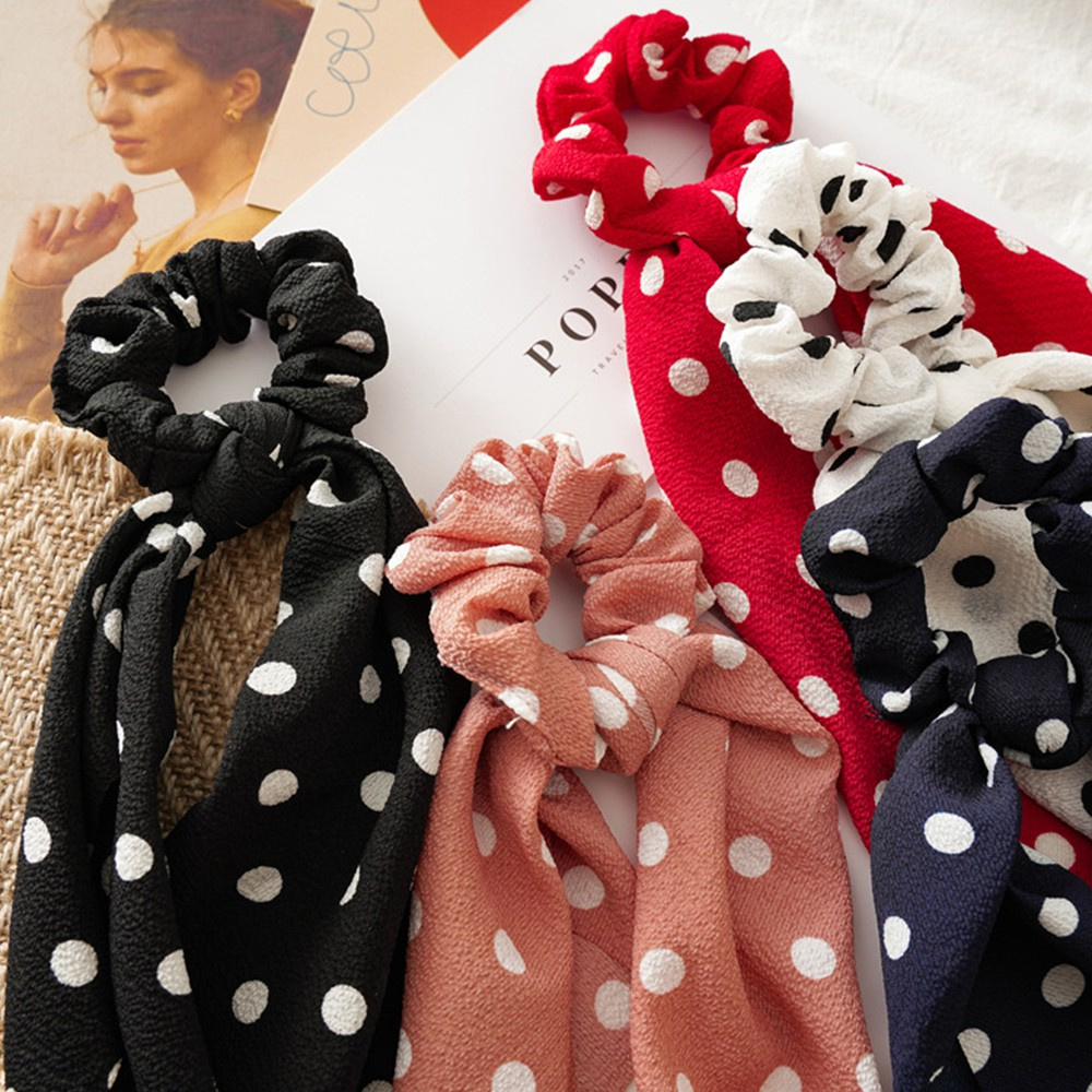 Dây Buộc Tóc Co Giãn Thắt Nơ Họa Tiết Hoa Chấm Bi Phong Cách Boho Cho Nữ