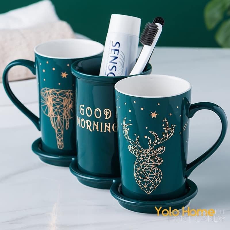 Set cốc đánh răng ☘𝘾𝘼𝙊 𝘾𝘼̂́𝙋☘ set cốc đánh răng sứ cao cấp có khay đựng