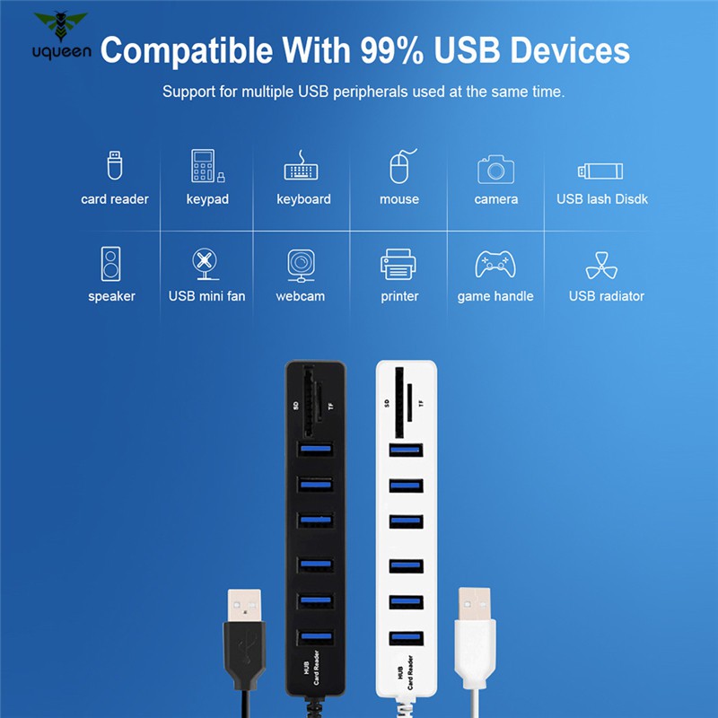 UQ Multi USB Hub USB 2.0 Splitter High Speed 6 Ports Hab TF SD Card Reader All in One for PC