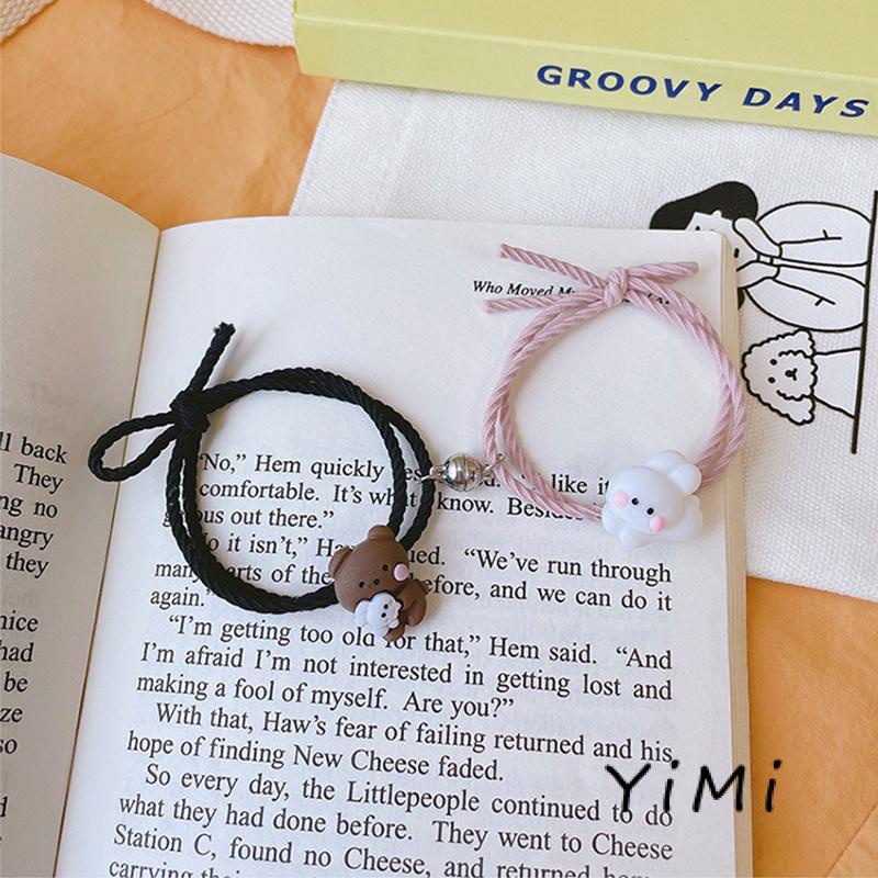 Vòng Đeo Tay Cặp Đôi Bằng Cao Su Hút Nam Châm Hình Gấu/Thỏ Dễ Thương Cho Nữ