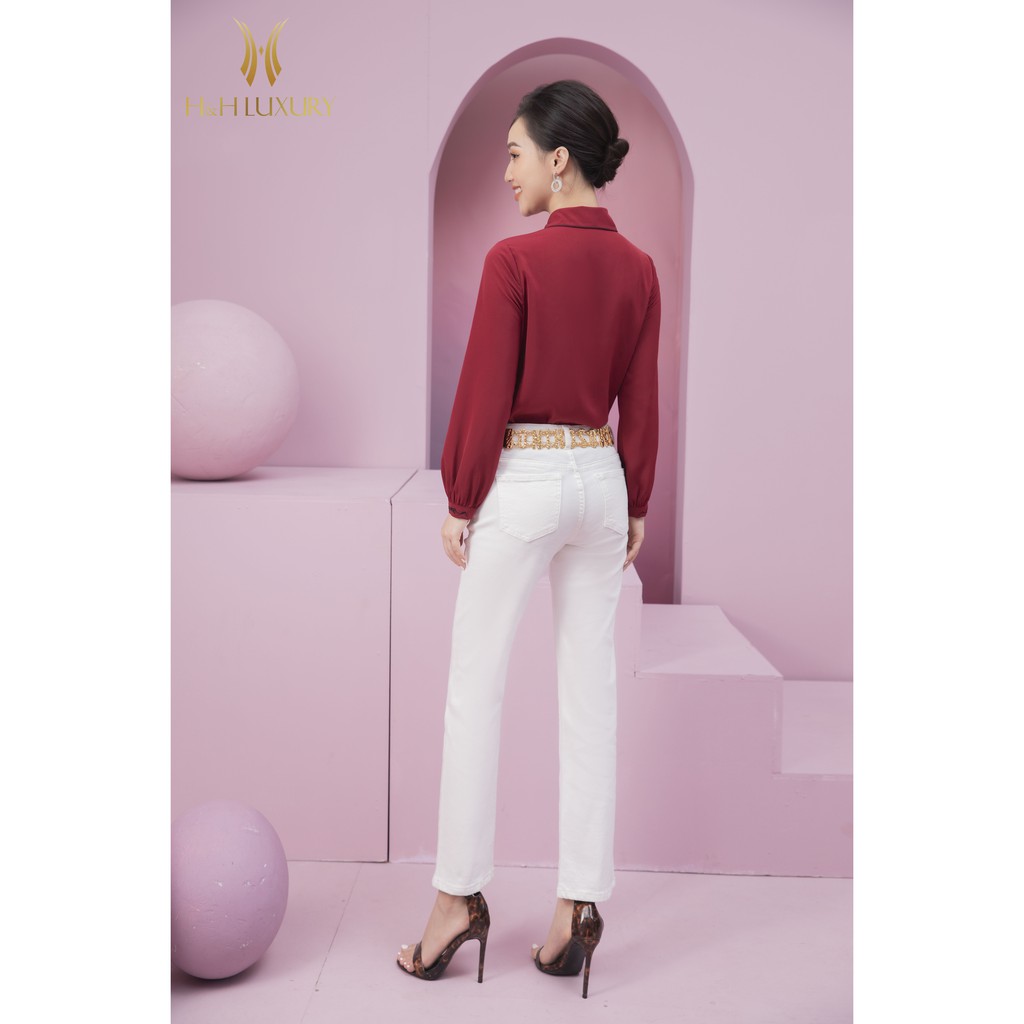 Quần bò nữ đẹp H&H Luxury - Jean trắng Dáng Ống loe nhẹ thanh lịch Hàng thiết kế