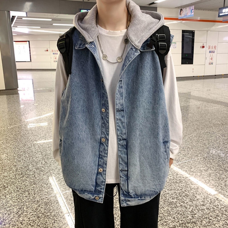 Áo Khoác Denim Không Tay Có Mũ Trùm Phong Cách Hàn Quốc Thời Trang Mùa Thu Dành Cho Nam