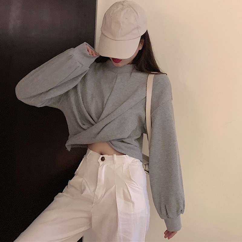 ÁO CROPTOP XOẮN EO DÀI TAY - ÁO SWEATER NỈ XOẮN EO TAY DÀI ĐEN TRẮNG XÁM ULZZANG