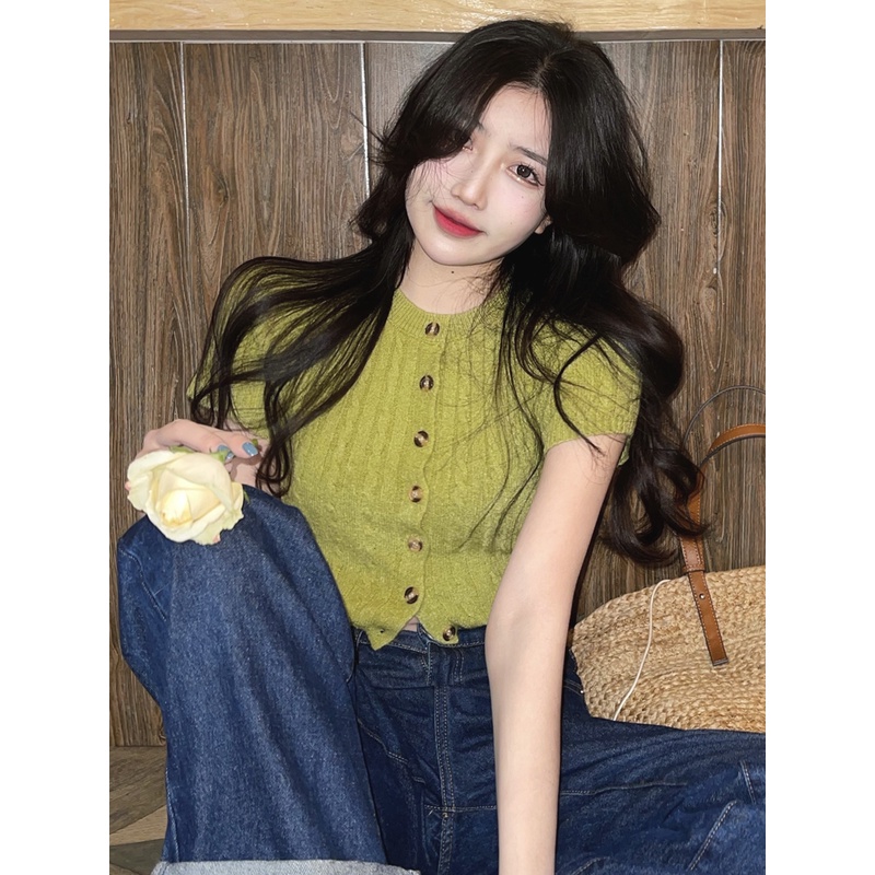 Porozi  Áo crop top  vải dệt kim mỏng tay ngắn dáng ôm phong cách Hàn Quốc dành cho nữ