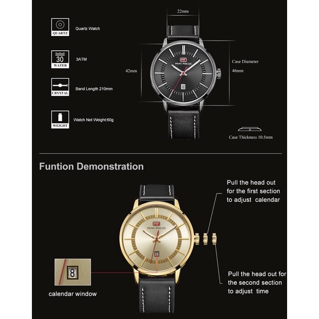 Đồng hồ nam MINI FOCUS MF0033G.03 dây da thật màu đen viền thép không gỉ màu đen 3 kim hàng chính hãng cao cấp Nhật Bản