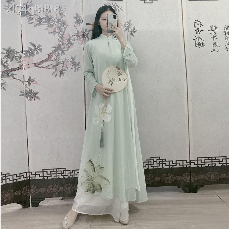 ❁Hanfu mùa thu phong cách Trung Quốc của phụ nữ cổ điển sườn xám phiên bản cải tiến váy phục vụ trà Zen trẻ