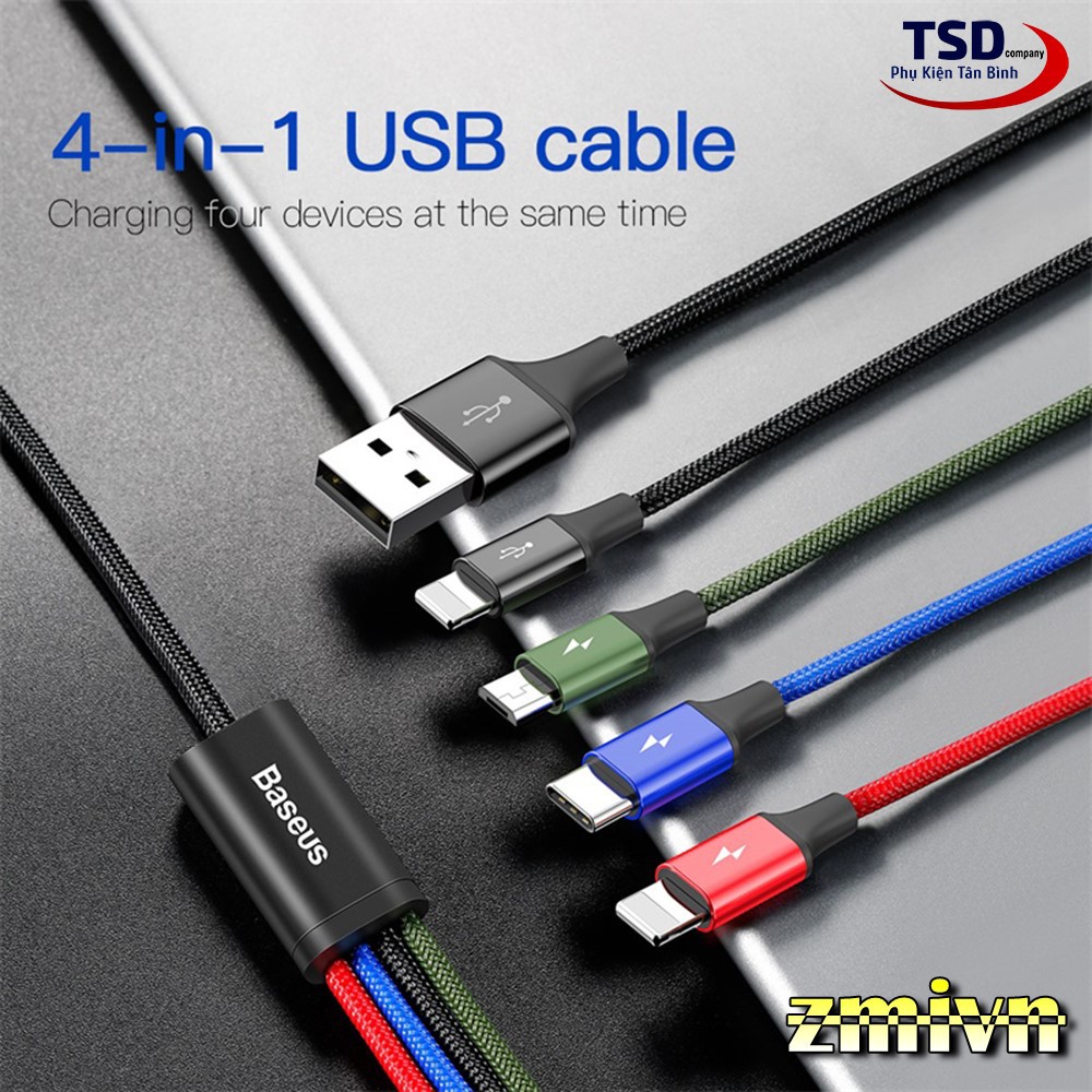 Dây cáp sạc Baseus 4 in 1 Type-C, 2 Lighning, Micro USB, cho iPhone/ iPad