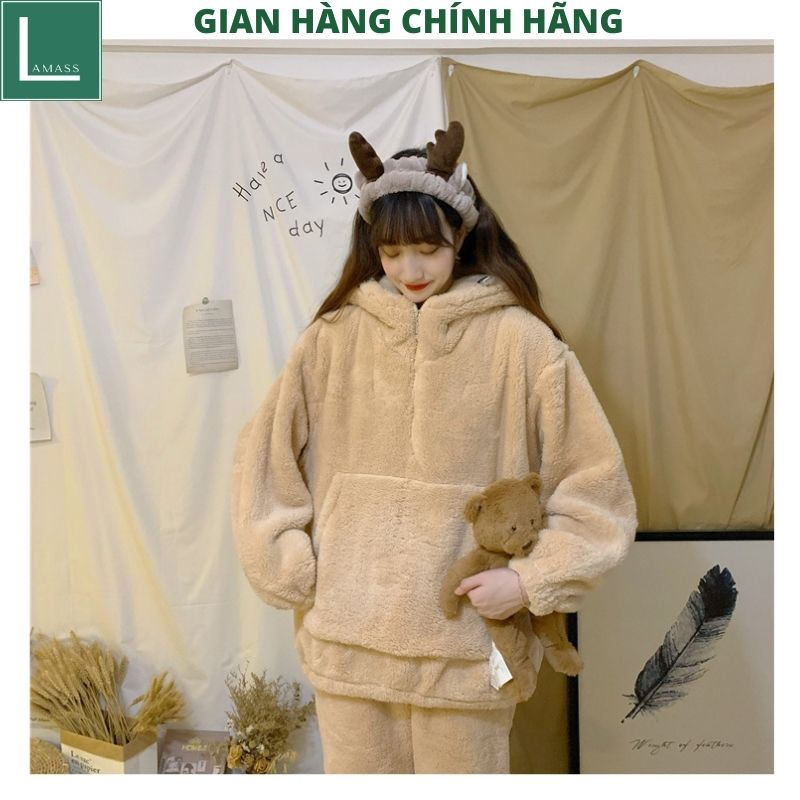 Bộ đồ mặc nhà lông gấu trơn 2 mầu nâu be ,bộ ngủ ấm áp vào mùa đông siêu cute dễ thương - LAMASS