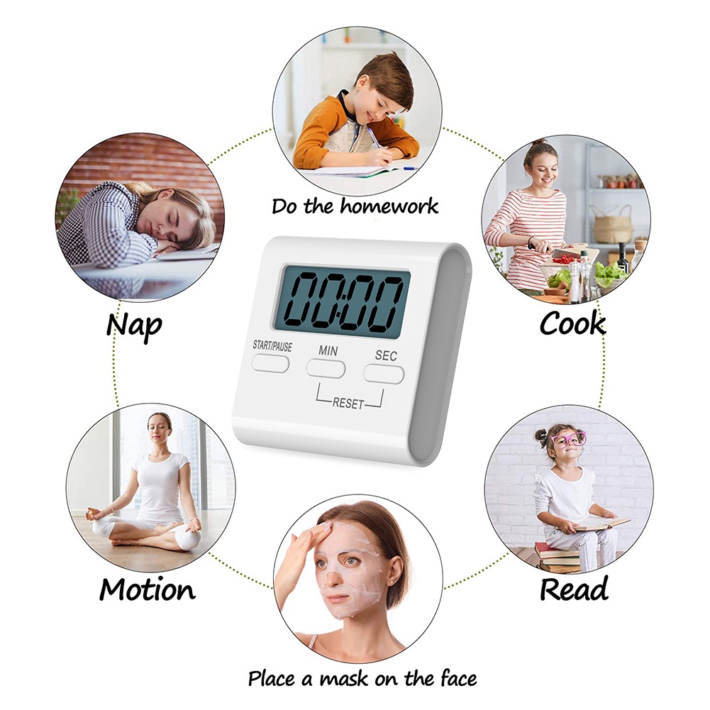 Đồng Hồ Đếm Ngược Điện Tử Màu Trắng Đơn Giản Không Gây Tiếng Ồn Có Giá Đỡ Kẹp Tiện