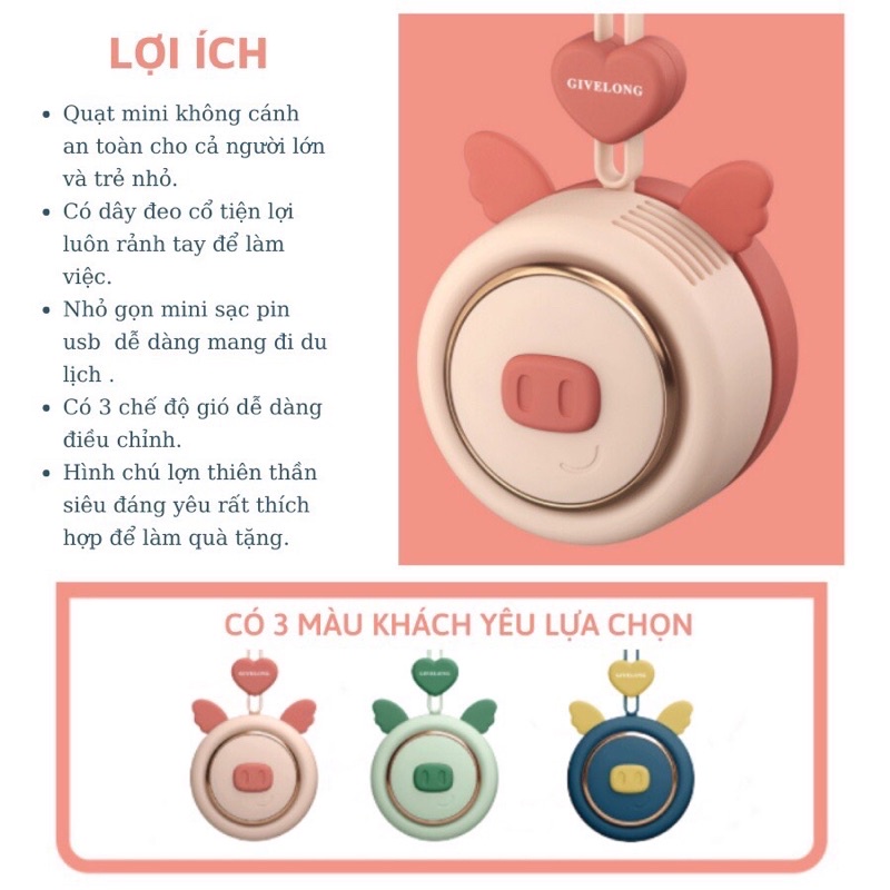 Quạt Đeo Cổ  USB Mini Tích Điện Không Cánh Tiện Lợi, Thời Trang, Dáng Thể Thao