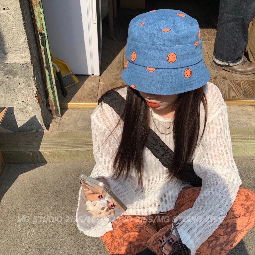 Mũ Tai Bèo MG STUDIO Chất Liệu Denim Họa Tiết Hình Mặt Cười