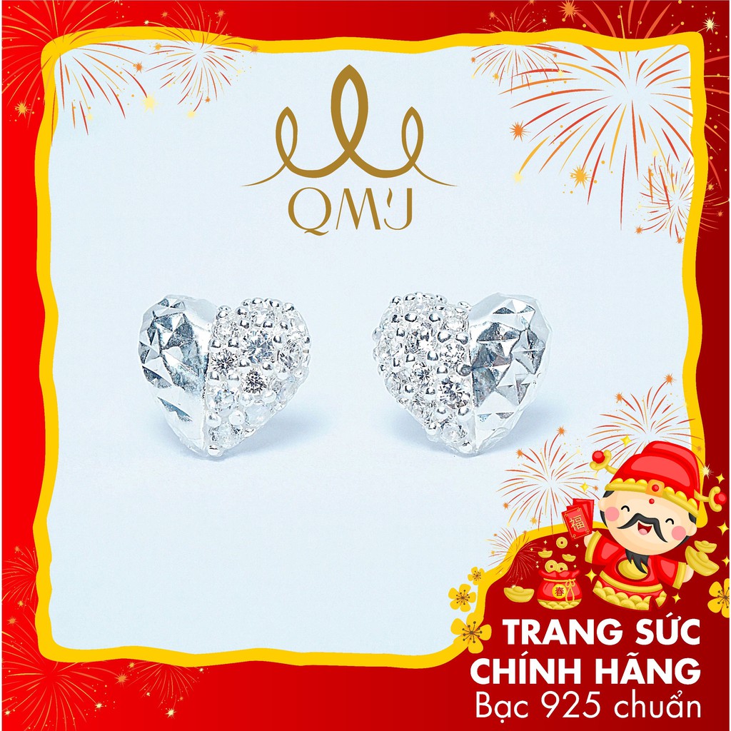 Bông tai bạc QMJ Nụ Tim Love nạm đá kết hợp móc máy tinh xảo - Q071