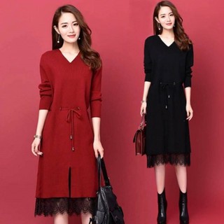 Đầm Dệt Kim Dáng Rộng Cổ Chữ V Phối Dây Thắt Thời Trang