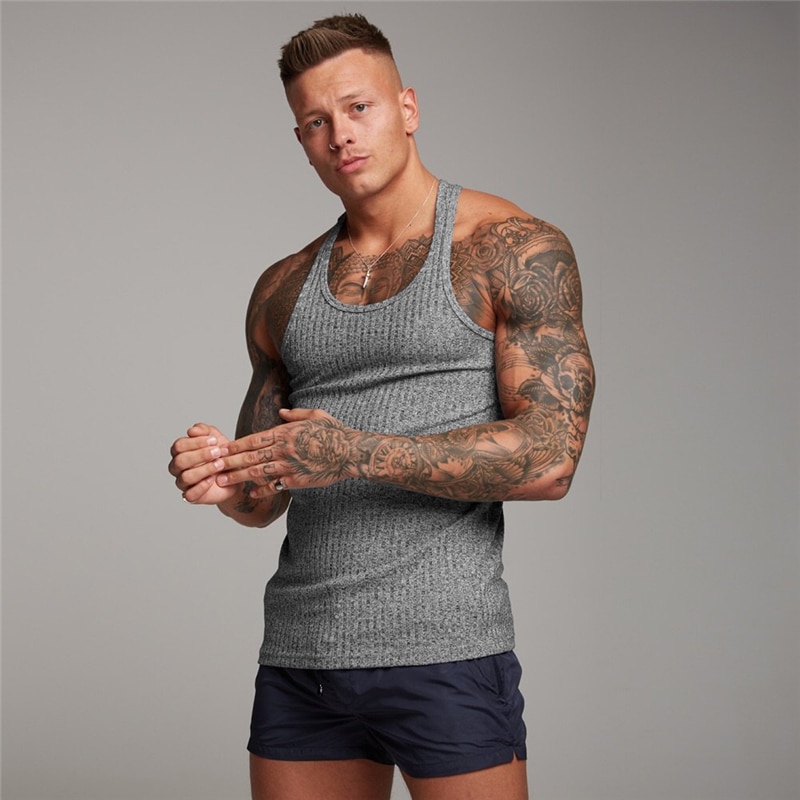 Men's Solid O Neck Sleeveless T Shirt Fitness Slim Fit Sports Strips Tank Top Male Fashion Singlets Summer Knitted Gym Clothing