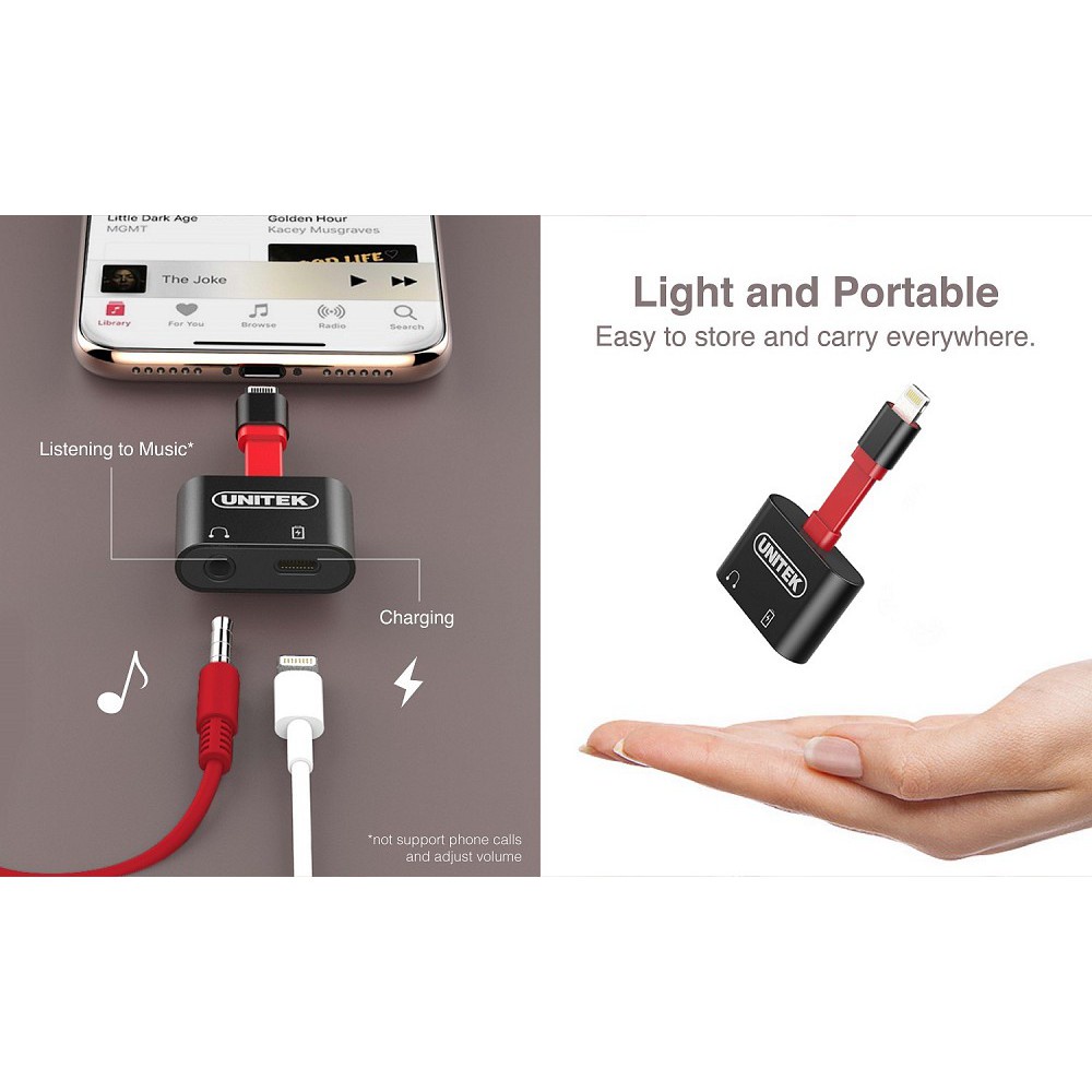 Cáp chia Lightning ra Jack 3.5MM + Lightning (sạc) UNITEK M1103A - Hàng chính hãng