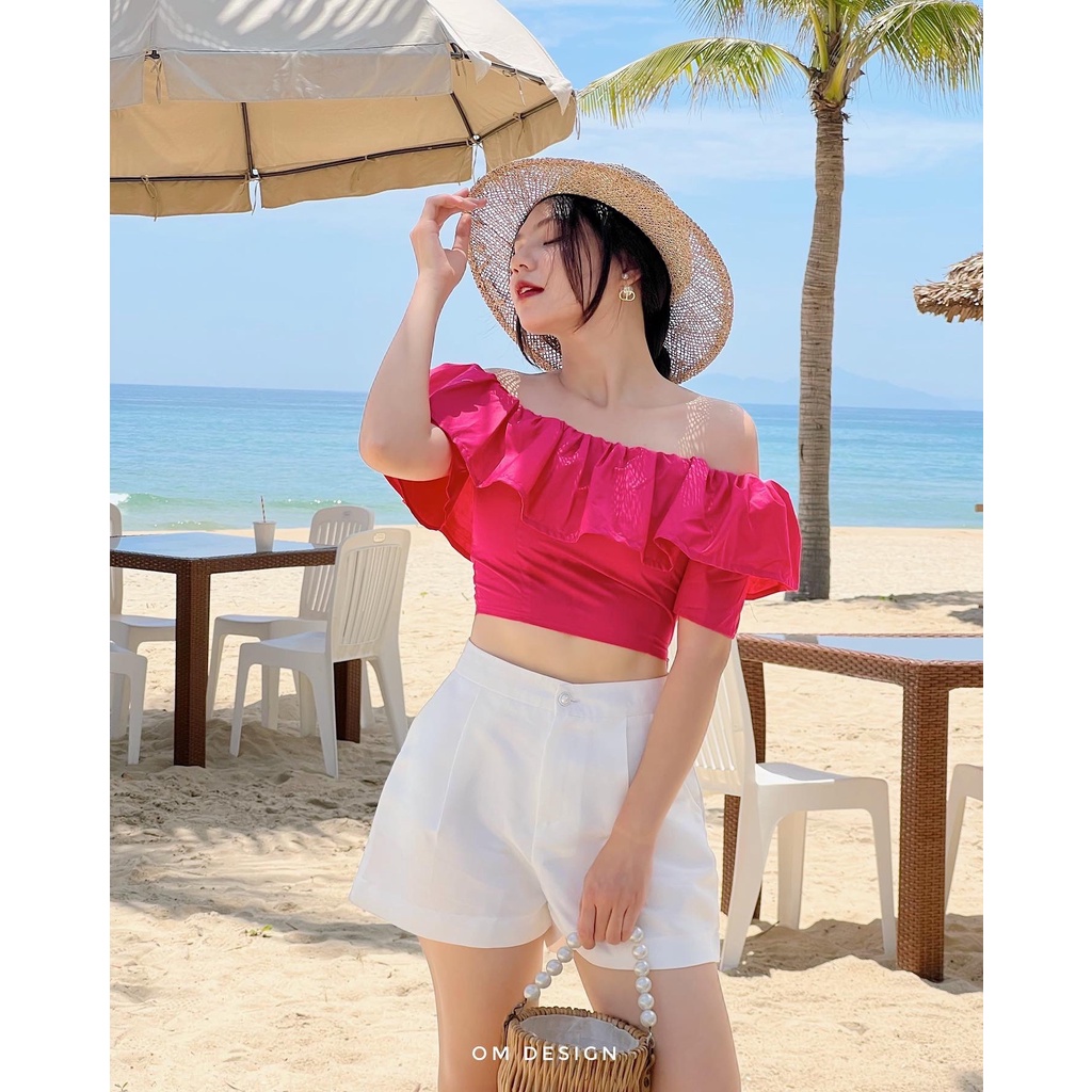 Áo crop ngang vai hồng sen