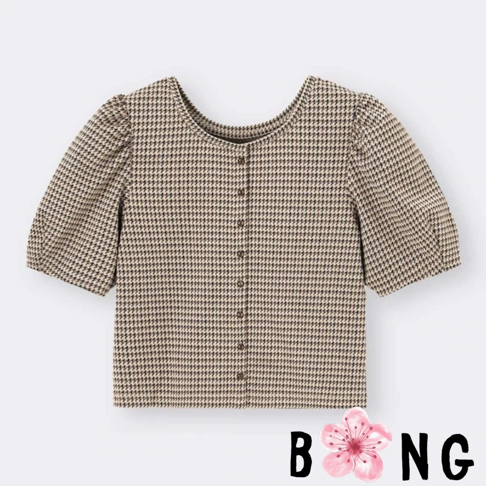 Áo caro tay phồng cài nút, 2 cách mặc - Áo kiểu GU Nhật - Mã 342807