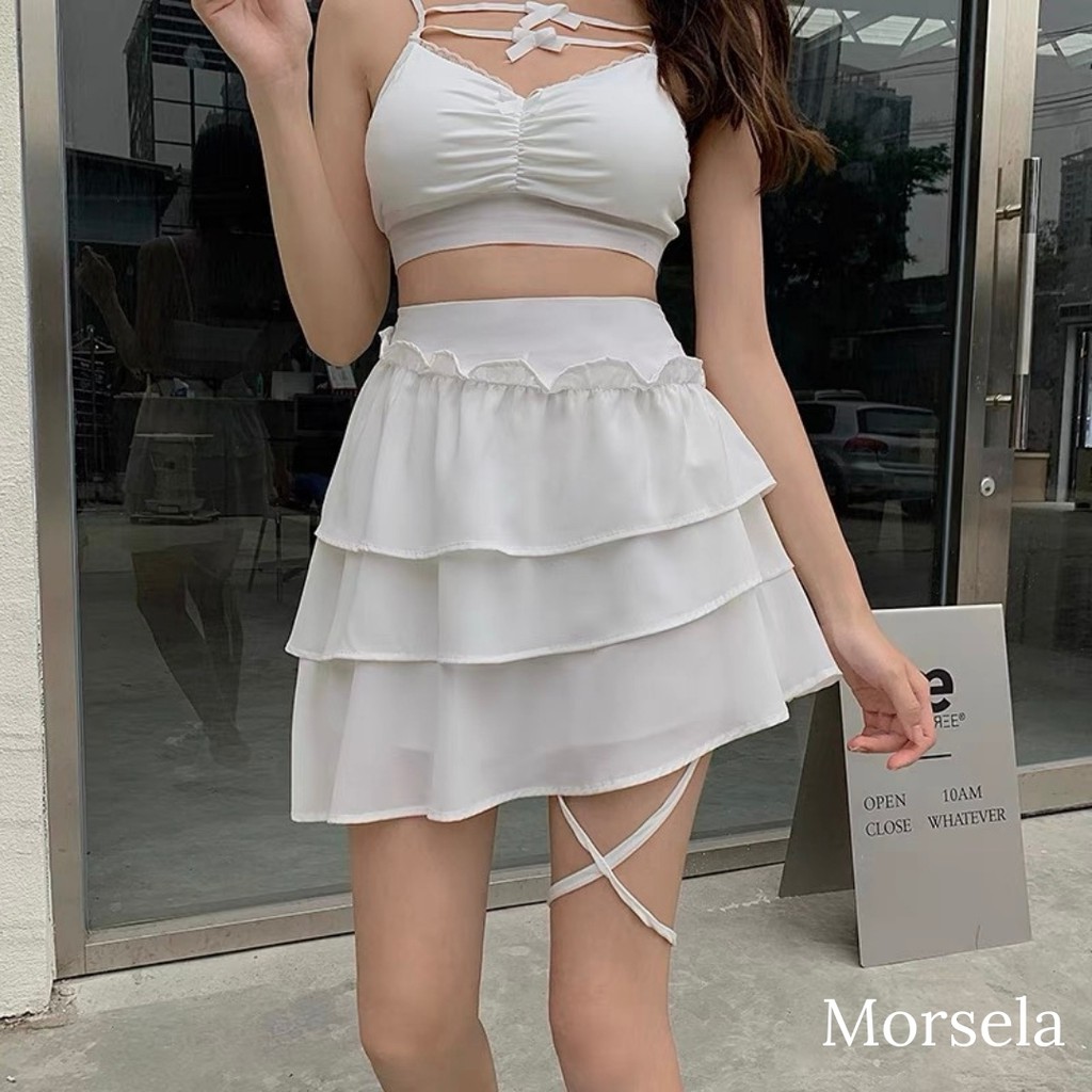 Chân váy xếp ly tầng thắt nơ đùi - Váy kèm lót trong - Morsela