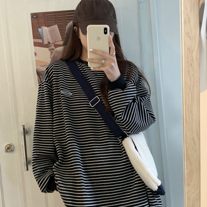 Áo thun tay dài dáng rộng kẻ sọc thiết kế mới thời trang theo phong cách Hàn Quốc dành cho nữ
