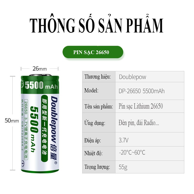 Pin Cell 26650 sạc lại chính hãng Doublepow công suất cao, sử dụng cho đèn siêu sáng, chế ắc quy