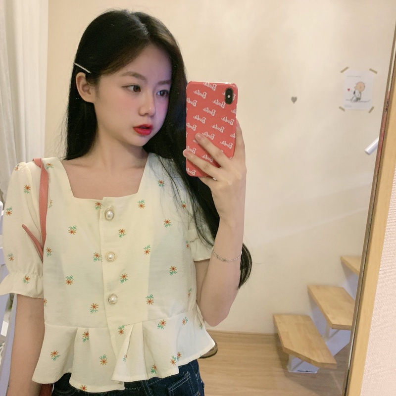 SUXI Áo Kiểu Tay Ngắn Cổ Vuông Họa Tiết Hoa Thời Trang Mùa Hè Cho Nữ