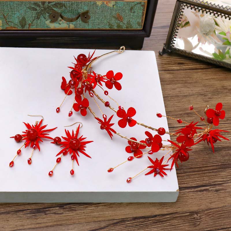 Cài tóc hợp kim thiết kế hoa đỏ phong cách Trung Hoa cổ điển cho cô dâu