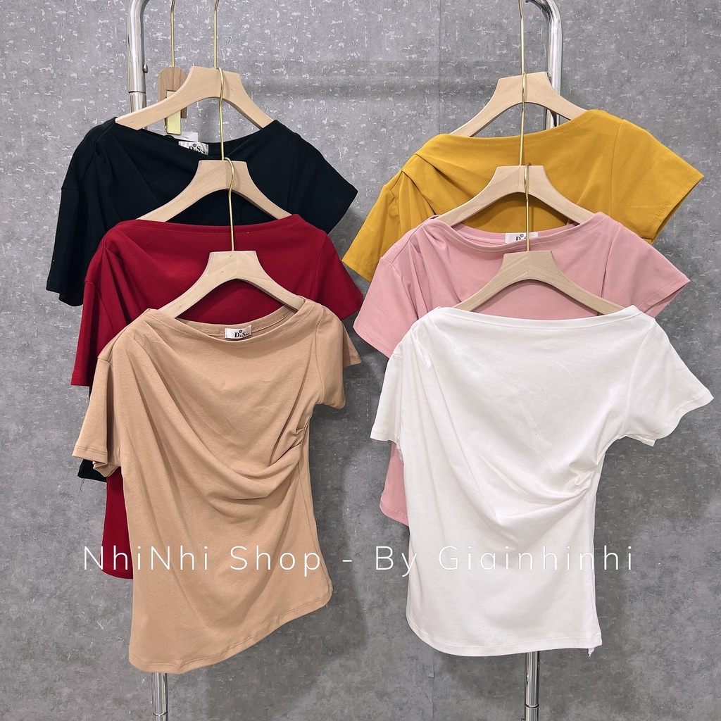 Áo thun lệch vai ngắn tay dáng ôm, Áo kiểu tay cộc vải cotton co giãn AS0101 - NhiNhi Shop