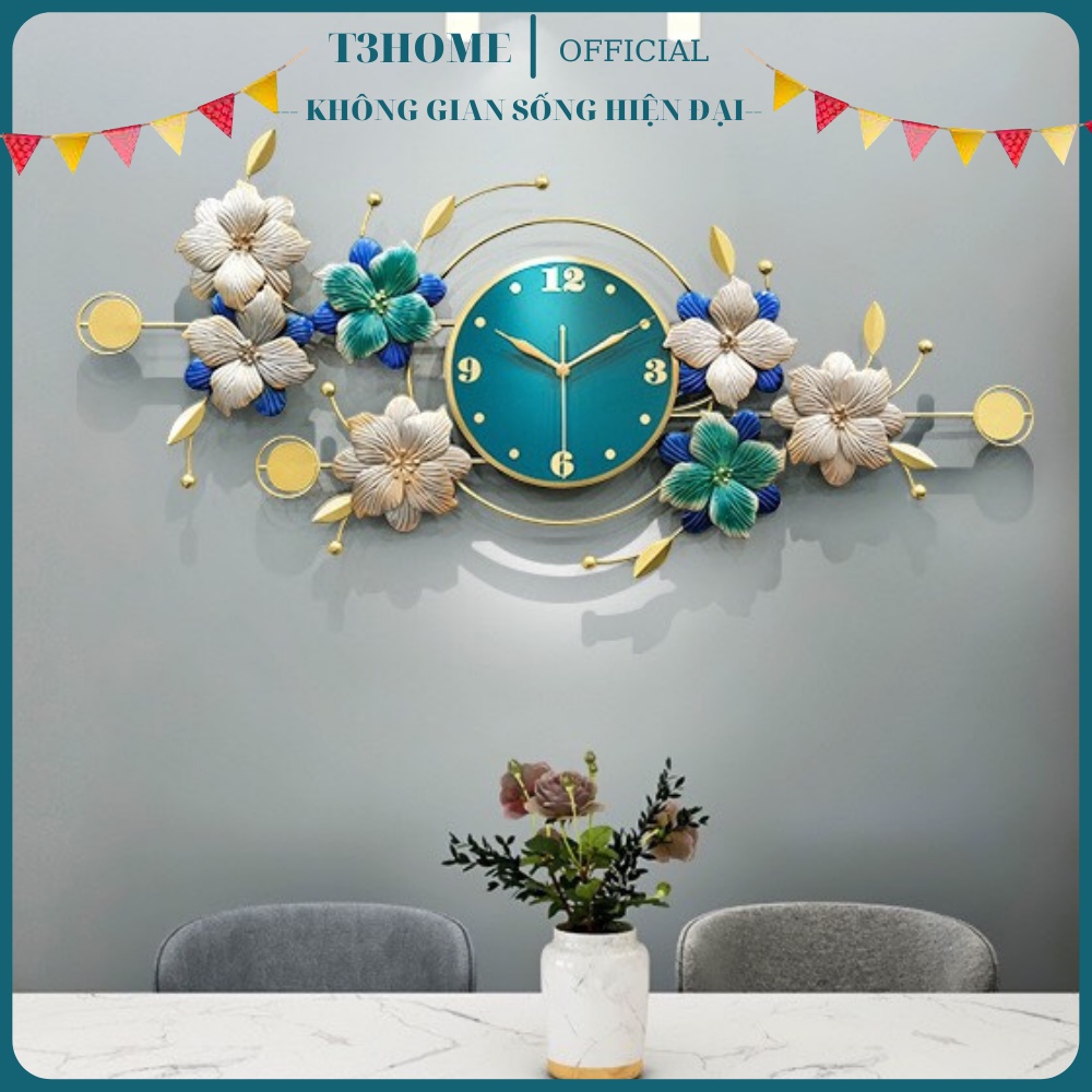 Đồng hồ treo tường hoa mẫu đơn nghệ thuật T3HOME sang trọng trang trí decor phòng khách quà tặng tân gia khai trương