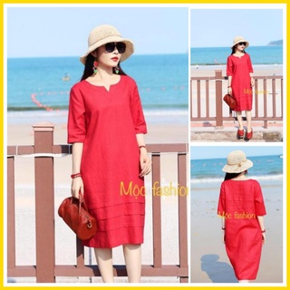 Váy linen [ đầm linen]dáng suông cổ chìa khóa tay lỡ xếp ly gấu đủ sze S đến XL 44-63kg