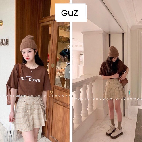 Sét áo thun cổ tròn tay lửng in chữ PUT DOWN phối với chân váy ngắn đính ngọc trai trước thời trang cá tính GuZ