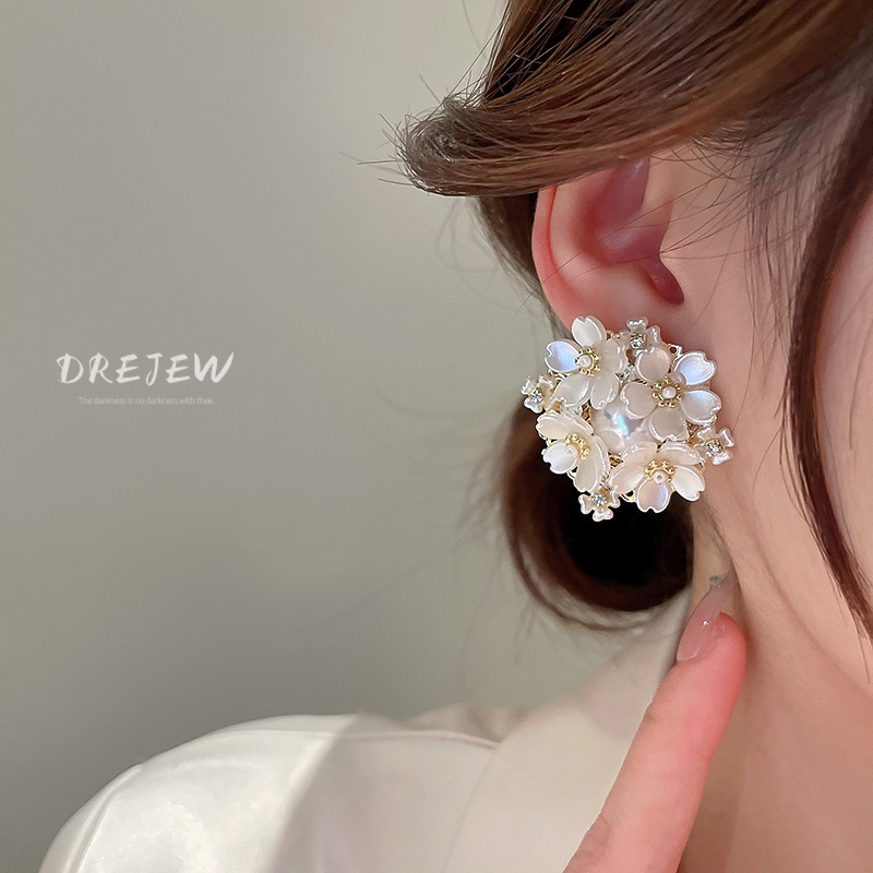 DREJEW Khuyên tai mạ vàng/ bạc hình hoa đính ngọc trai phong cách mori Pháp ngọt ngào