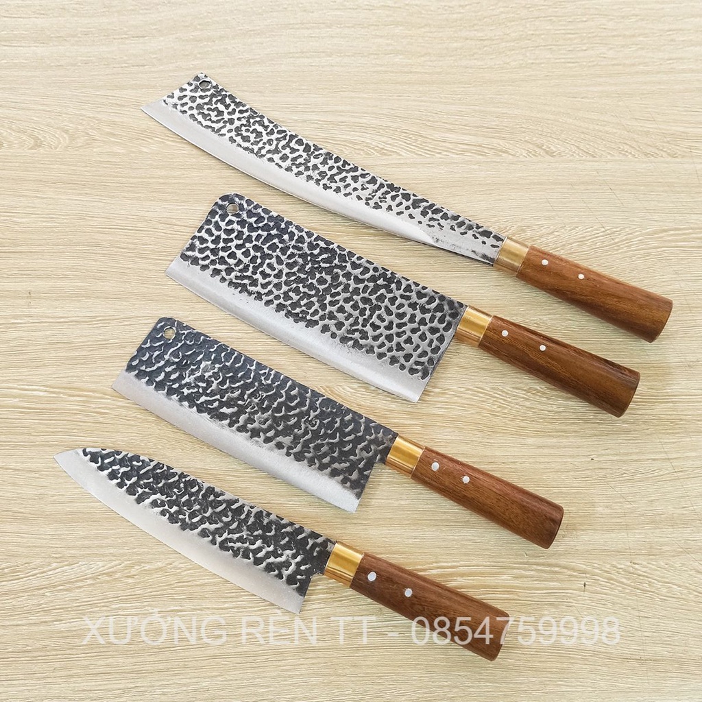 Bộ 4 Dao Nhà Bếp Thép Nhíp Dập Vân Kháng Rỉ, Chặt Cây, Xương, Thái Lọc Thịt - Cán Gỗ Cẩm