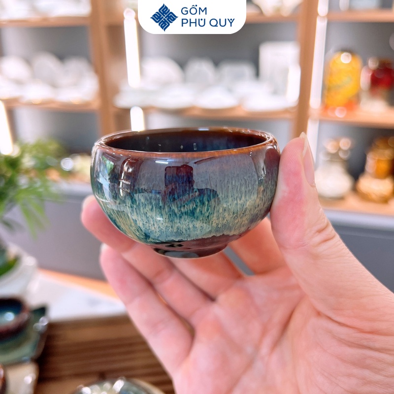 Bộ Ấm Chén Uống Trà, Trà Đạo Vuông Eo Thiên Mục  Men Hỏa Biến Gốm Sứ Bát Tràng Gomphuquy Ttg01